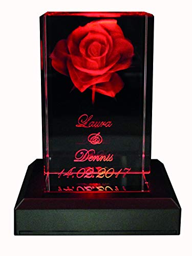 VIP-LASER 3D Glas Kristall Quader XL Rose mit Zwei Wunschnamen + Datum im Hochformat Weihnachten!, Beleuchtung:mit Color Leuchtsockel 5 LED Schwarz von VIP-LASER
