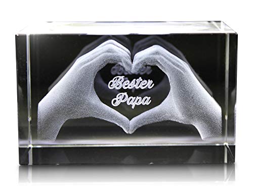 VIP-LASER 3D Glas Kristall mit Gravur I Herz aus zwei Händen I Text: Bester Papa! I Das tolle Geschenk zum Vatertag, Geburtstag oder Weihnachten von VIP-LASER