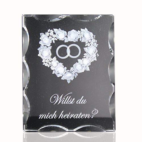 VIP-LASER 3D Glaskristall Facettierter Quader Heiratsantrag 100x80x20mm mit Rosenherz, zwei Ringen und Text "Willst Du mich heiraten?" graviert von VIP-LASER