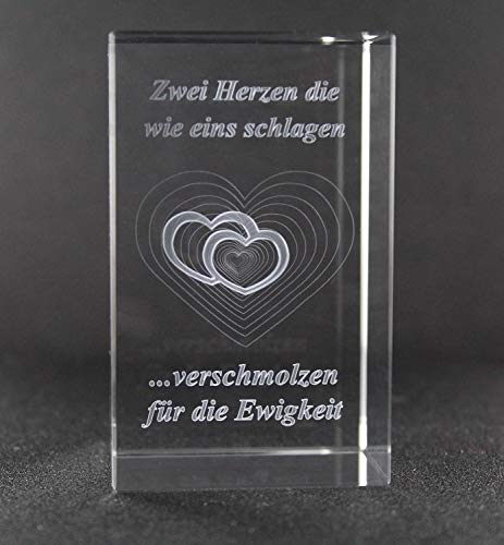 VIP-LASER 3D XL Glaskristall Herzen mit dem Text Zwei Herzen die wie eins Schlagen verschmolzen für die Ewigkeit! das perfekte Liebesgeschenk zum Jahrestag oder Valentinstag! von VIP-LASER