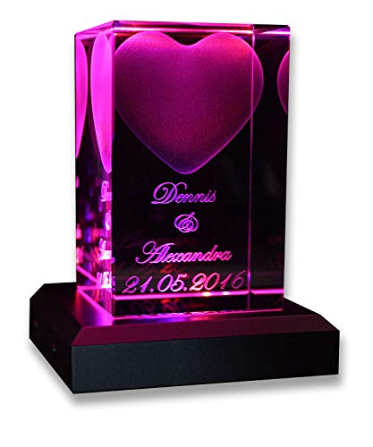 VIP-LASER Kristall Glas 3D Herz mit Wunschtext inkl. LED Leuchtsockel Silber & Gravur | Personalisiertes Geschenke für Frauen und Männer | Geschenkidee zu Weihnachten Muttertag Jahrestag Gravur von VIP-LASER