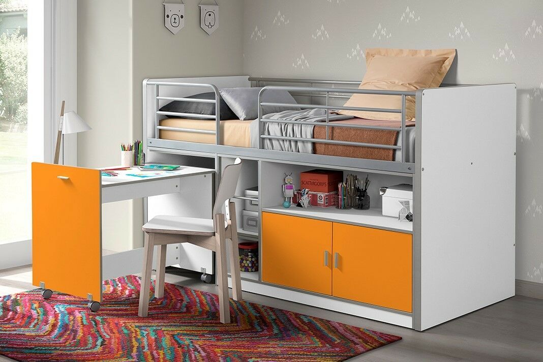 Vipack: Hochbett "BONNY" 90 x 200 Weiß / Orange mit Schreibtisch - Halbhochbett von VIPACK