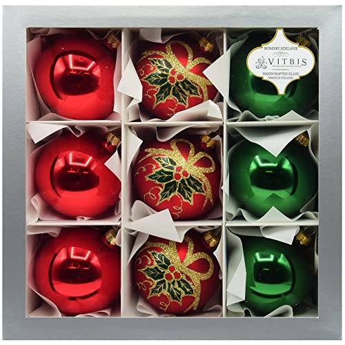 Vitbis Glas Weihnachtskugeln Set von 9 Stück 8 cm Durchmesser Handgefertigt perfekt für Weihnachten einzigartige Sammlung für den Weihnachtsbaum in rot und grün Farbe von VITBIS