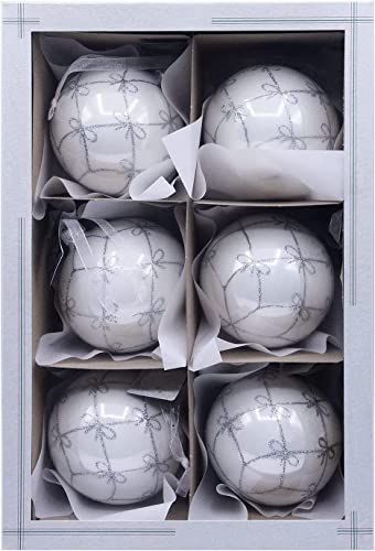 VITBIS Glaskugeln für Weihnachtsbaumschmuck Set mit 6 Einzigartigen Kugeln Ø 8 cm in Weiß mit Silbernen Glitzerschleifen Handdekoriert Handbemalt Unique Weihnachtsdekoration von VITBIS