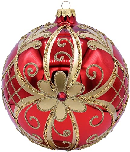 VITBIS Glaskugel Kugel Handdekoriert Handbemalt Unique Weihnachtsdekoration Durchmesser 15 cm in Klassischem Rot mit Glänzender Oberfläche Reicher Goldverzierung von VITBIS