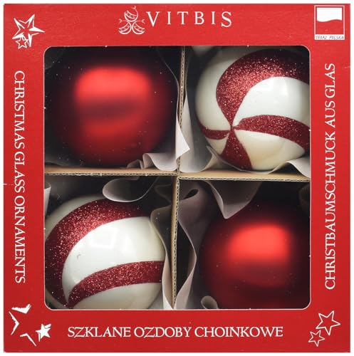 Vitbis Weihnachtsbaumschmuck Set von Vier 8 cm Durchmesser weiße Farbe mit Rote Dekor Mundgeblasenen Handgefertigt Handgemalten Kugeln in Einer Box von VITBIS