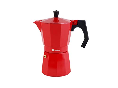 VITRINOR - Prag Kaffeemaschine 6 Tassen - Außenseite aus Aluminium rot - Sicherheitsventil und ergonomischer Griff - für alle Herdarten geeignet - Gas-, Elektro-, Glaskeramik- und Induktionsherde von VITRINOR