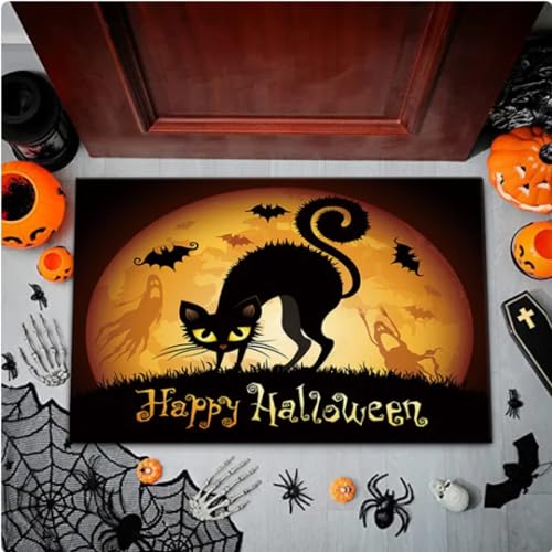 VJKFSWG Halloween-Teppich mit schwarzer Katze, für Schlafzimmer, Eingangstür, Abdeckung für Zuhause, Flur, Bodendekoration, Badezimmerteppich, 60 x 90 cm von VJKFSWG