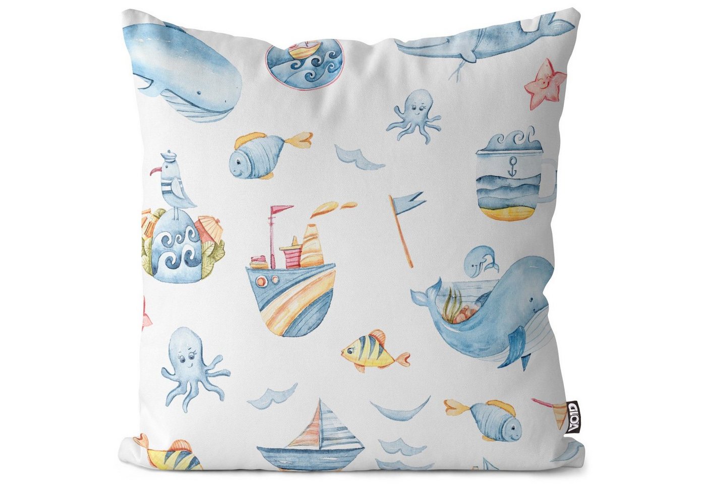 Kissenbezug, VOID (1 Stück), Sofa-Kissen Baby Babyzimmer Kinder Kinderzimmer Schlafen Baden Bad Boot Schiff Fische Wal Vögel Meer Urlaub Segelboot Sommer von VOID