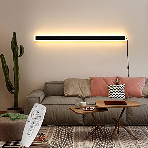 Innen Dimmbar Wandleuchte mit Fernbedienung, LED Streifen Up Down Wandlampe mit Schalter und Stecker, Schwarz Aluminium Wandbeleuchtung Wohnzimmer Schlafzimmer Treppe Lang Wandspot Lampe,150cm 84w von VOMI