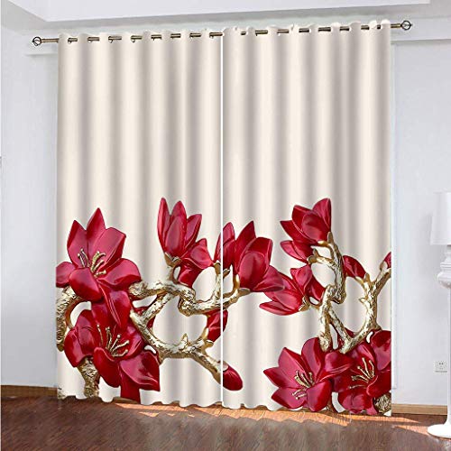 VOYADE 2Er Set Blickdichter Verdunklungs Gardinen Mit Ösen - Für Wohnzimmer Schlafzimmer Kinderzimmer, 3D Mode Rot-Goldene Blumen Druck Muster Super Weich Schallisoliert Thermovorhänge 230X234cm von VOYADE