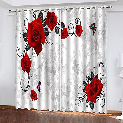 VOYADE Vorhänge Wohnzimmer Modern Blickdicht 2Er Set, 3D Schmetterling Rote Rose Muster Blickdicht Schlaufenschal Verdunkelungsvorhang, Lärmminderung Fensterdekoration 214X200cm(HXB) von VOYADE