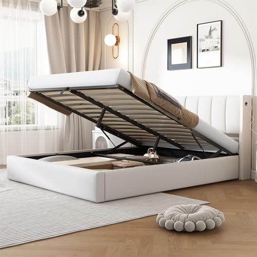 VRYGLEN Binaurales LED-Polsterbett, PU hydraulisches Bett mit Stauraum, wiederaufladbarer USB-Anschluss im Bett, mit LED-Beleuchtung, verstellbares Kopfteil, 140 x 200 cm（Weiß） von VRYGLEN