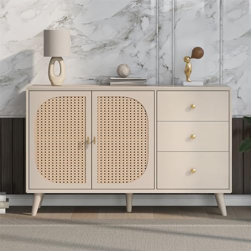 VRYGLEN Beige Rattan Sideboard mit Viel Stauraum, 120 cm Breit, Rattan Kommode für Esszimmer und Wohnzimmer，Sideboard Wohnzimmer mit Schubladen und Türen von VRYGLEN