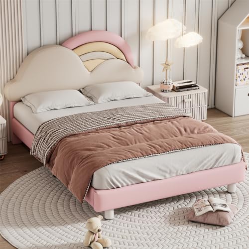 VRYGLEN Einzelbett für Kinder, PU Kinderbett, Jugendbett, Polsterbett 140x200 mit kuscheligem Regenbogenwolken-Kopfteil und Holzlattenrost（Rosa） von VRYGLEN