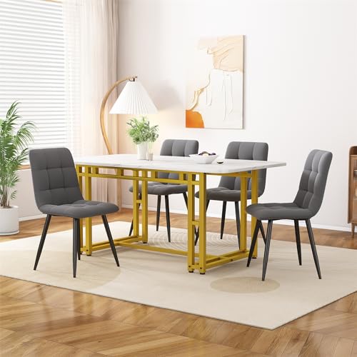 VRYGLEN Golden Eisen Beintisch mit 4 Stühlen Set, Moderne Küche Esstisch Set, Dunkelgrau Samt Esszimmerstühle, 120x70cm (Dunkelgrau 1) von VRYGLEN