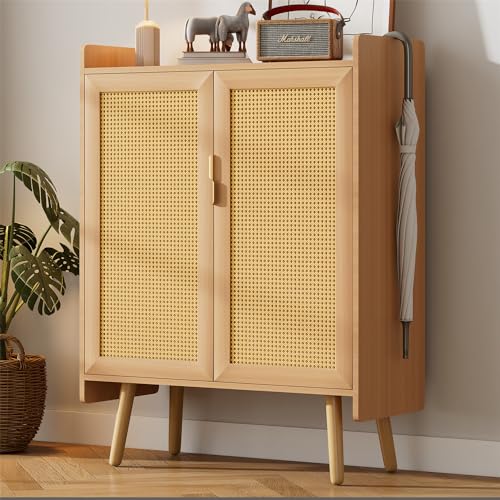 VRYGLEN Sideboard Kommode mit 2 Türen, Verstellbaren Regalböden und Geflochtenem Rattan-Design, Schuhschrank mit Massivholzfüßen von VRYGLEN