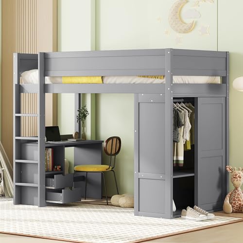 VSOGA 90x200 cm Hochbett, vielseitiges Kinderbett, ausgestattet mit Kleiderschrank, Schreibtisch und Schubladen, Grau von VSOGA