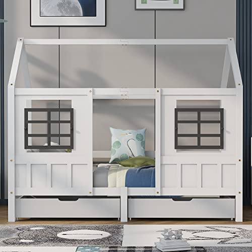 VSOGA Hausbett Einzelbett Tagesbett mit 2 Schubladen, Kiefer-MDF Rahmen, Weiß (200x90cm) von VSOGA