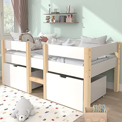 VSOGA Kinderbett mit Schublade und Rausfallschutz, Kiefer-Vollholz, Weiß & Eiche (90x190cm) von VSOGA