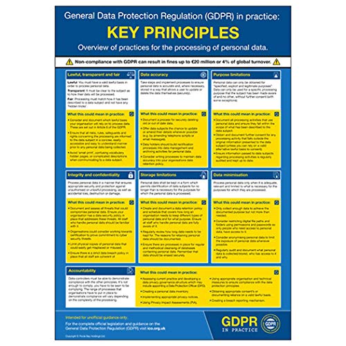 VSafety GDPR Poster – A2-Poster mit Aufschrift „Key Principles“ – 420 x 594 mm – strapazierfähig von VSafety