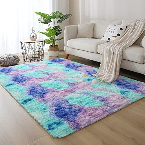 VanderHOME Rechteckig Teppich Weich und Flauschig LangflorModern Teppiche Langer Plüsch-Teppich Dicker Plüschteppich fürs Wohnzimmer Schlafzimmer Teppiche blau-violett-100 * 160cm von VanderHOME