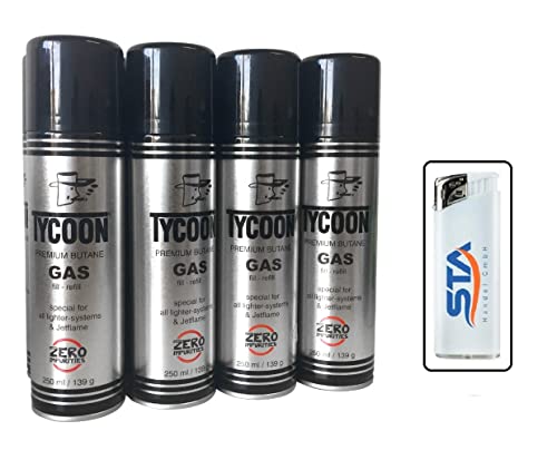 6 x Tycoon Feuerzeuggas Gas Dosen Set Jetflame Butangas Nachfülldose 250ml Dose mit Feuerzeug (1,2 EUR/ 100ml). (6 Flaschen Gas) von Vanorell