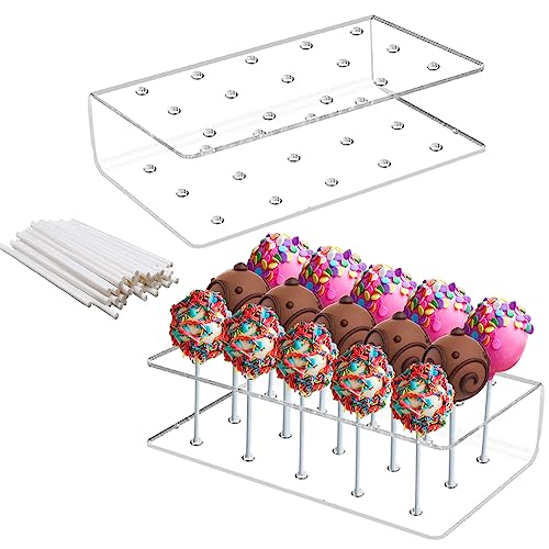 Vasemele 2 Stück Cake Pops Ständer mit 100 Stück Cake Pop Stiele 15 Löcher Lollipop Halter Ständer 16 X 9 X 4 cm Acryl Popcake Halterung Cake Pop Ständer Klar Cake Pop Halter Ständer von Vasemele