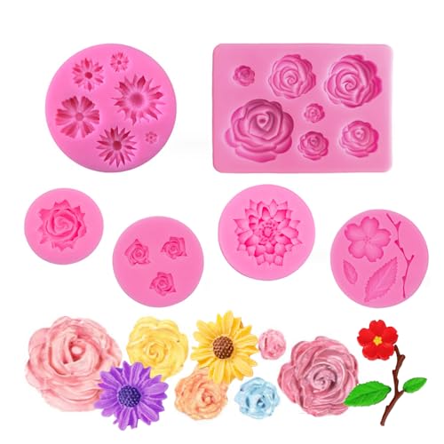 Vasemele 6 Stück Silikonform Blüten 3D Backform Silikon Rosenform Fondant Silikonformen Blume 3D Fondant Formen Rose Kerzen Gießformen Blumen Silikonform Fondant Formen Blume Blühen Rose Form von Vasemele