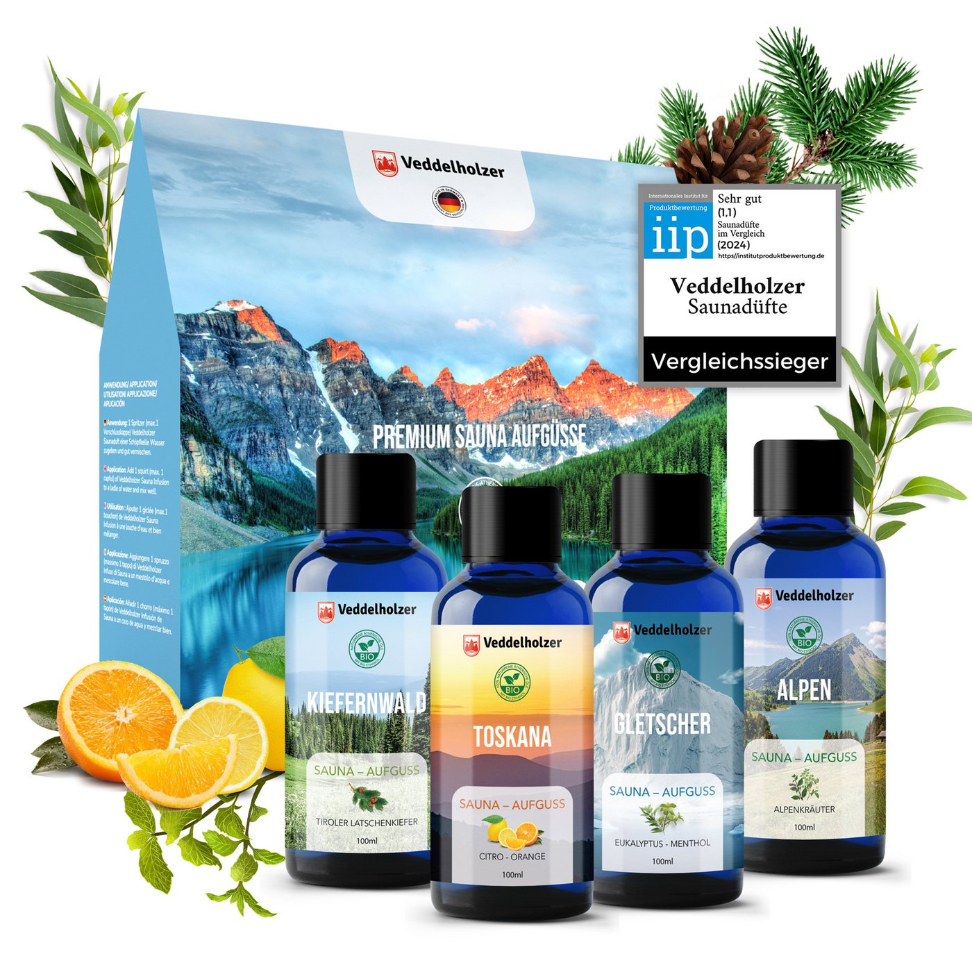 Veddelholzer Garten Sauna-Aufgussset BIO Saunaaufguss Geschenkset 4 x 100 ml verschiedene Saunaöle (4-tlg) von Veddelholzer Garten