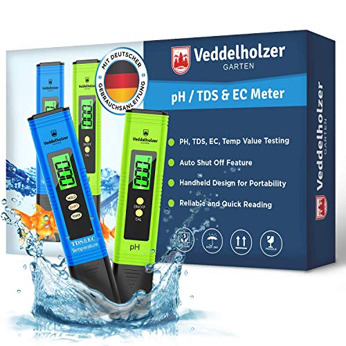 Veddelholzer pH Wert Messgerät pool Thermometer, pH TDS EC und Temperatur 4 in 1 Set, ph Tester(ATC) für Trinkwasser/Schwimmbad/Aquarium/Pool, Leitwertmessgerät mit hoher Genauigkeit und LCD Display von Veddelholzer