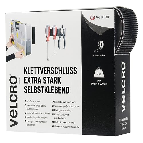 VELCRO Marke | Klettband Selbstklebend | Zuschneidbares industrielles extra starkes doppelseitiges selbstklebendes Klettband mit Klettverschluss | Schwarz | 50 mm x 5 m von VELCRO Brand