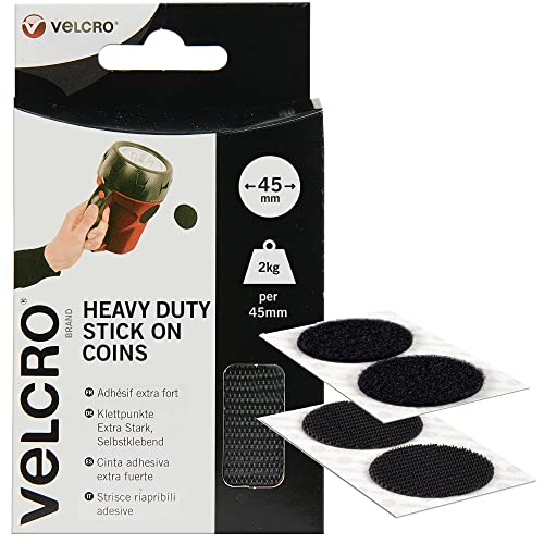 VELCRO Marke | Strapazierfähige aufklebbare Münzen | Industrielle extra starke doppelseitige selbstklebende Klebemünzen mit Klettverschluss | Schwarz | 45 mm x 45 mm | 6er Pack von VELCRO Brand