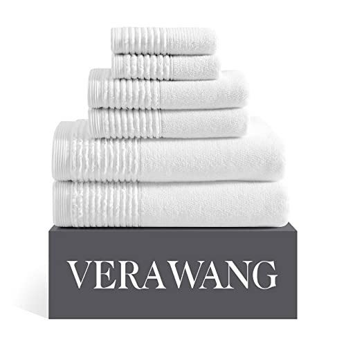 Vera Wang - Badetücher-Set, Luxus-Baumwoll-Badezimmer-Dekor, sehr saugfähig und mittelschwer (geformte Falten, weiß, 6-teilig) von Vera Wang