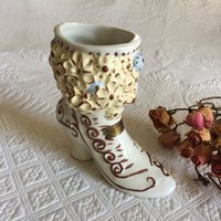 Vintage Keramik Boot Vase Aus Dorothy Keramik, Jefferson, Iowa. Gelb Blau Und Braun Designs Auf Der Femininen Vase von VeryVictorianStudio