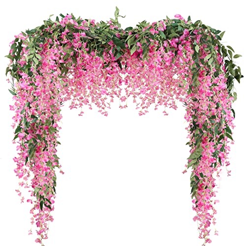 2PCS 7.2FT Künstliche Wisteria Blumen Girlande gefälschte Wisteria Rebe gefälschte Blumen Girlande Seide Ivy Hängende Blume für Hochzeitsdekorationen Home Garten Party Dekor (lila Fuchsia) von Veryhome