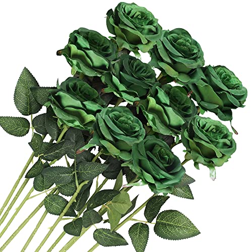 Veryhome 10 Stücke Künstliche Rosen Silk Blumen Gefälschte Flowers Braut Hochzeit Bouquet Für Hausgarten Geburtstag Party Home Wedding Dekor (Dunkelgrün) von Veryhome