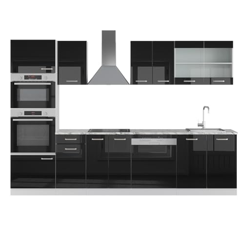 Vicco Küchenzeile R-Line, Schwarz Hochglanz/Weiß, 300 cm mit Hochschrank, ohne Arbeitsplatte von Vicco