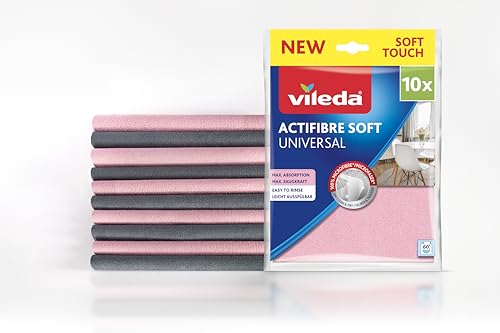 Vileda Actifibre Soft Universal Mikrofasertuch, Reinigungstuch aus 100 Prozent Mikrofaser für streifenfreie Ergebnisse, hohe Saugkraft, ideal für alle glatten Oberflächen, rosa und grau, 10 Stück von Vileda