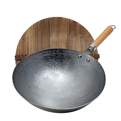 Carbon Steel wok, Hand Hammered Wok, Traditioneller Handgehämmerter Wok Aus Karbonstahl Mit Griff Aus Holz Und Stahl Chinesische Woks (Rundboden) 1,8 Mm Dick Wok Mit Deckel,30cm von Vinbcorw