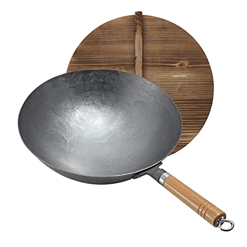 Vinbcorw wok pfanne gusseisen grill gasgrill camping wokpfanne induktion Abnehmbarer Griff 1,8 mm Dick Wok Mit Deckel (Rundboden),30cm von Vinbcorw
