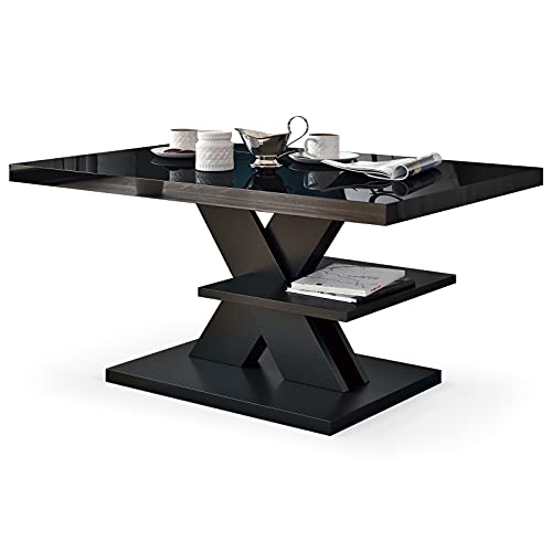 Viosimc Couchtisch Hochglanz Schwarz, Moderner Wohnzimmertisch Beistelltisch mit 1 Ablage. Sofatisch Kaffeetisch Schwarz mit Hochglanz-Tischplatte, Modern Schwarzer Mitteltisch 90x60x45cm von Viosimc