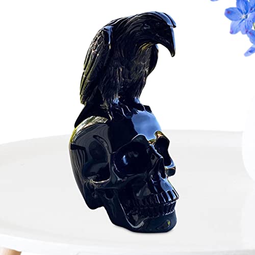 Virtcooy Gartenstatuen | Schwarze Krähe auf Skulptur Skelett kreative Hausdekoration – Schwarze Krähe sitzt auf Einer dekorativen Figur Schädel, Schädel-Ornament von Virtcooy