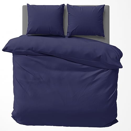 Visaggio Baumwolle Bettwäsche 200x200 + 2X(80x80) cm Einfarbige Bettbezug Garnitur Schlafzimmer Set Blau von Visaggio