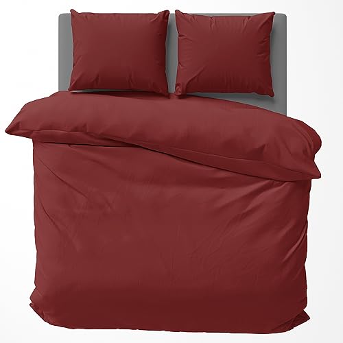 Visaggio Baumwolle Bettwäsche 220x240 cm Einfarbige Bettbezug Garnitur Schlafzimmer Set Bordeaux von Visaggio