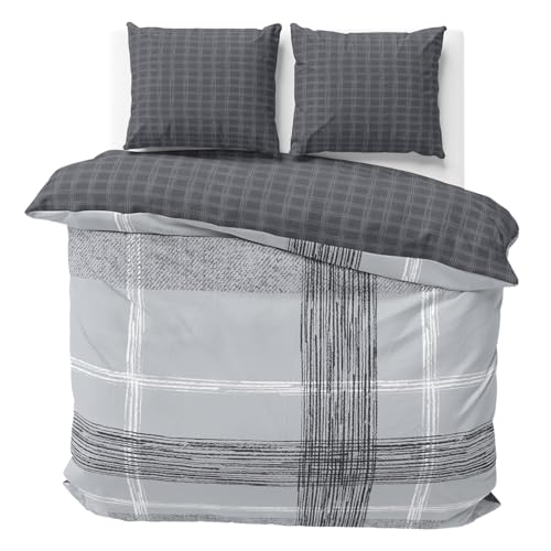 Visaggio Baumwolle Bettwäsche Anthrazit Grau 200x200 cm Wendebettwäsche Streifen Bettbezug Bezug 3 teilig von Visaggio