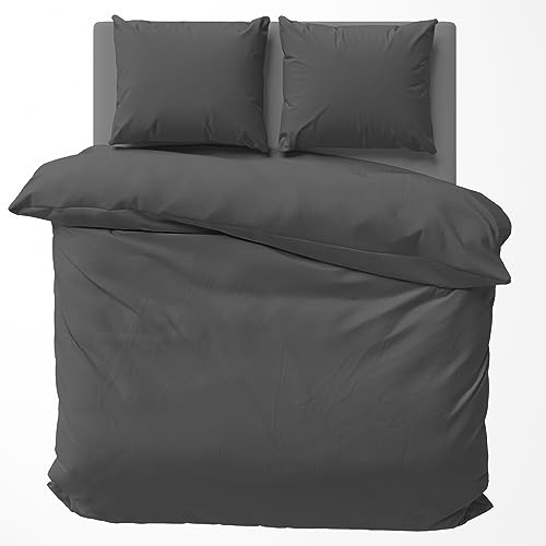 Visaggio Bettwäsche 155x220 cm Bettbezug Garnitur Set Bettwaren Baumwolle Uni Einfarbig Anthrazit von Visaggio