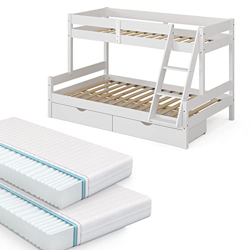 VitaliSpa Etagenbett Everest, Weiß, 120x200 / 80x200 cm mit 2 Matratzen und 2 Schubkästen von VitaliSpa