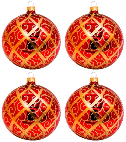 VITBIS Glaskugeln für Weihnachtsbaumschmuck Set mit 4 Einzigartigen Kugeln Runde Formen Ø 10 cm in Glänzendem Rot Handdekoriert Handbemalt Unique Weihnachtsdekoration von VITBIS