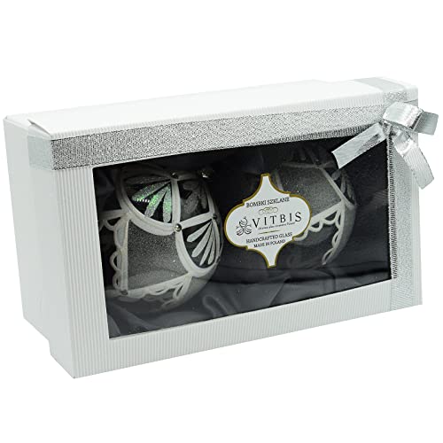 Vitbis Weihnachtsbaumschmuck Set von Zwei 10 cm Transparent Weiß und Silber Dekor Strass Schillernde Glitzer Handgefertigt Handbemalt Kugeln Geschenkfertig Box mit Band von VITBIS